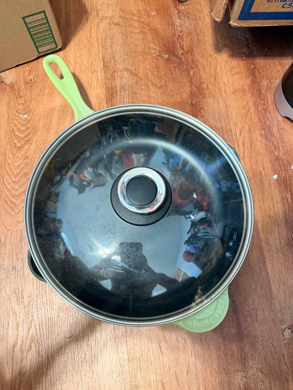 Le Creuset Enameled Cast Iron Skillet Green about 13” - See Wear and Abrasions